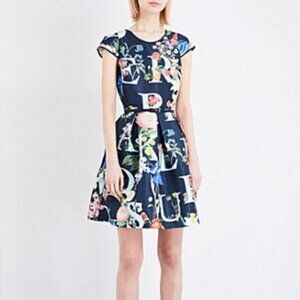 Ted Baker London Alphabet Ditsy Skater Dress Size 0/XS Floral Fit & Flare Navy